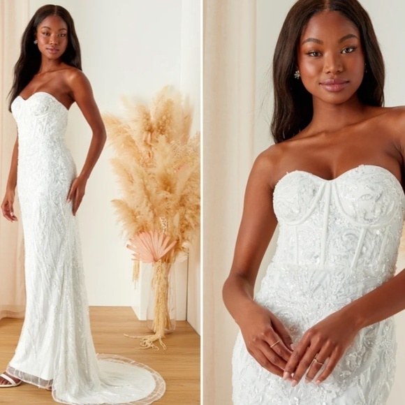 LULU's Sexy Bridal Wedding Floral Sequins Corset Bustier Sophisticated Maxi Gown - Picture 4 of 9